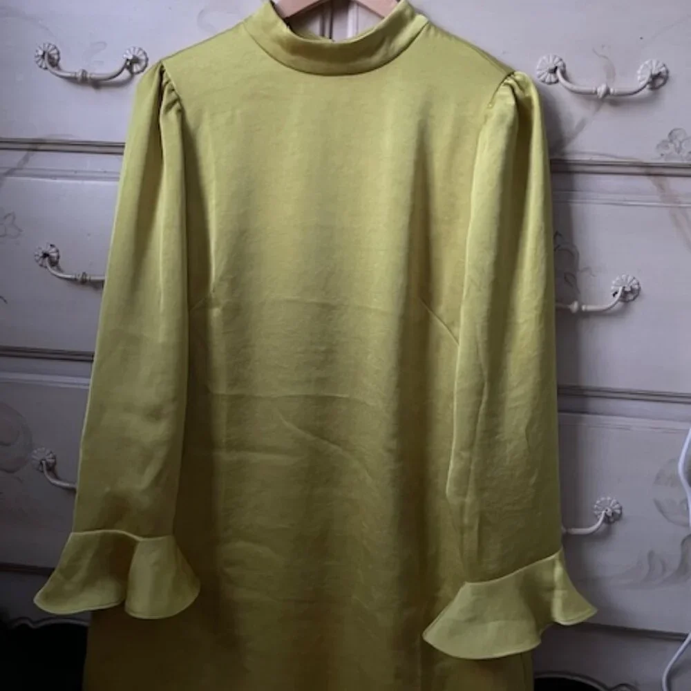 Ann Taylor chartreuse satin dress with ruffle sleeves - Picture 1 of 5